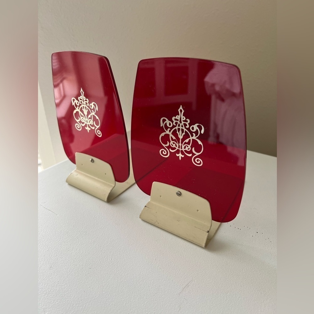Vintage Lucite Metal Bookends MCM Set Of 2 | Red | Stamped CARL.